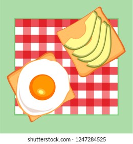 Good morning.breakfast vector collection: toasts (bread), avocado, egg on checkered tablecloth, cute food icons in kraft style noise texture