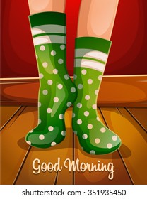 Good morning.Christmas green Socks.Socks with polka dots. Vector illustration