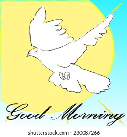 Good  Morning.Good Morning scene with sun and flying pigeon.