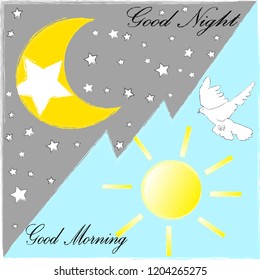 Good Morning.Good Night and Sweet dreams.Day and Night.Nature scene with moon,stars and sun. Nature.