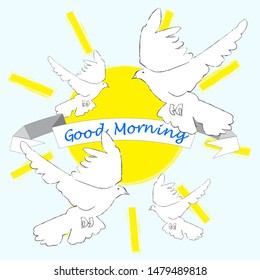 Good Morning.Nature scene with big sun ang flying pigeon.Have a nice day.