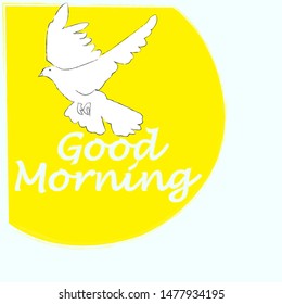 Good Morning.Nature scene with big yellow sun and flying pigeon in blue sky.