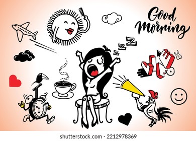 Good Mornings Vector Doodles Icons Set. Hand Drawn Vector Illustration.
