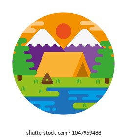 Good nature place outdoor outside for camping tent tourism travel trip Evening sunset Green forest with woods trees blue river lake and big mountains Vector modern style illustration icon flat design.