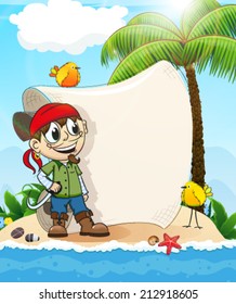 Good natured pirate on a desert island with birds and paper scroll 
