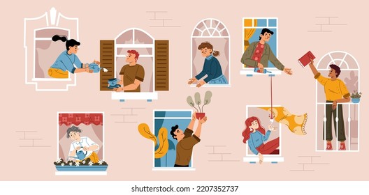 Good neighborhood community with people in house windows sharing things and drinks. Diverse characters give book, houseplant, sharing wine and tea, vector flat illustration