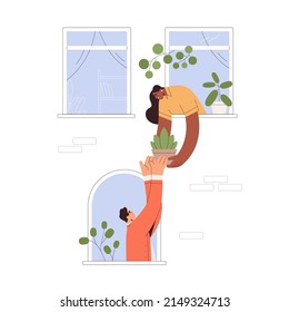 Buen concepto de vecindad. Los vecinos ayudan, las mujeres comparten la planta maceta de la casa, dándole al hombre desde la ventana abierta. La amistad de los vecinos. Ilustración vectorial gráfica plana aislada en fondo blanco