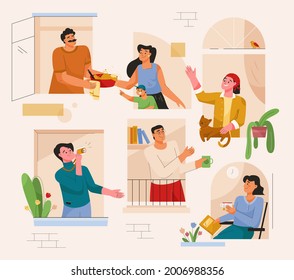 Good neighborly relations concept. Neighbors looking out windows, talking, greeting each other, do hobbies, relaxing in their apartments. Quiet pastime, home lifestyle. Vector character illustration