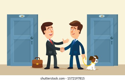 Good neighborly relations. Two smiling men of the good neighbors greet each other in morning. Handshake, wish a good day. Vector illustration, flat design cartoon style.