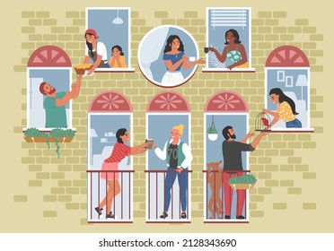 Good neighbors communicating with each other from open windows and balconies, flat vector illustration. Happy people talking, drinking tea, coffee, sharing pie, book with neighbors. Good neighborhood.