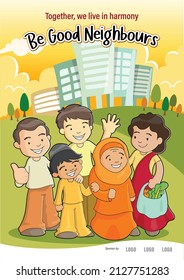 Good Neighbours Awareness Poster. Happy Neighbours Talking, Waving, Greeting Each Other And Having Positive Relationship. Asian Neighbourhood Setting.