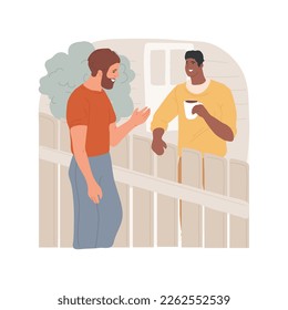 Good neighbours isolated cartoon vector illustration. Neighbors speaking through the fence, cups of coffee in hands, casual talk, outdoor meeting, good friendly relationship vector cartoon.