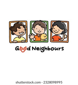 Good neighbours vector illustration. Happy neighbours smiling, waving, greeting each other and having positive relationship. Asian neighbourhood setting. Racial Harmony