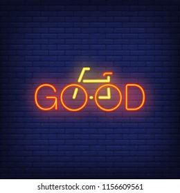 Good neon text and bicycle sign. Bicycling, fitness and sport concept. Advertisement design. Night bright colorful billboard, light banner. Vector illustration in neon style.