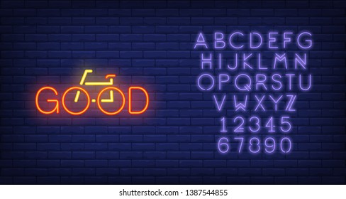 Good neon text and bicycle sign. Bicycling, fitness and sport concept. Advertisement design. Night bright colorful billboard, light banner. Vector illustration in neon style.