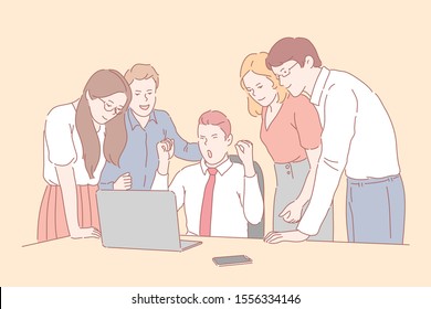 Good news or deal, profit growth concept. A happy team of business people rejoice in their success. Businessmen and business women look into a laptop on a bos desktop in the office. Simple flat vector
