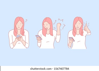 Good news, gladness, positive emotion concept. Young woman with smartphone, smiling girl keeping thumb up, success gestures, emotional outburst, joyfulness sign. Simple flat vector