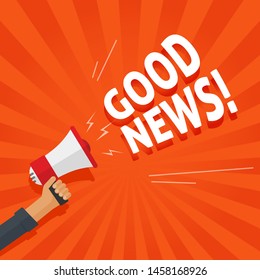 Good news information alert from hand with megaphone or loudspeaker vector illustration, flat cartoon announce notification