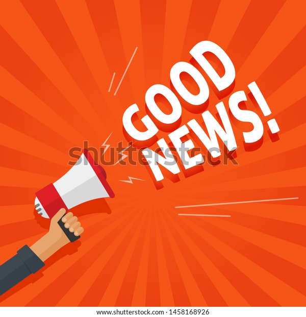Good news information alert from hand with\
megaphone or loudspeaker vector illustration, flat cartoon announce\
notification