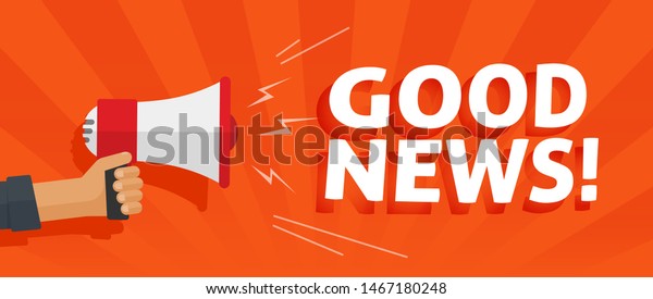 Good news information alert from hand\
with megaphone or loudspeaker vector illustration, flat cartoon\
announce notification banner horizontal\
sign