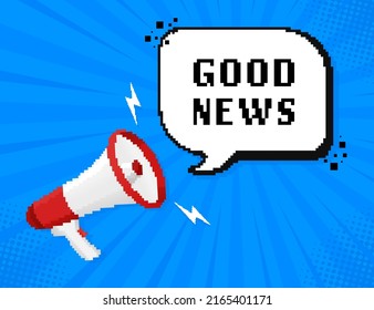 Good news megaphone on white background for flyer design. Pixel style illustration. Vector illustration in flat style.