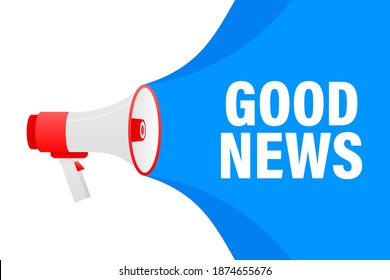 Good News megaphone yellow banner in 3D style on white background. Vector illustration.