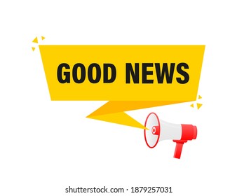 Good News megaphone yellow banner in 3D style on white background. Vector illustration.