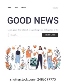 Good News Mental Health Concept diverse group of people standing together surrounded by plants and flowers positive atmosphere website design