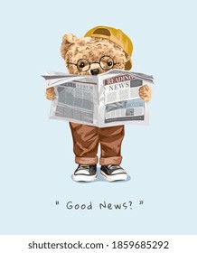 good news slogan with bear doll reading newspaper illustration