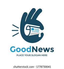 Good News Vector Logo Template. This Design Use Hand, Speaker And News Paper Symbol. Suitable For Information Business.