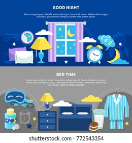 Good night 2 flat horizontal bedtime banners with bed pajama nightstand lamp and alarm clock vector illustration 