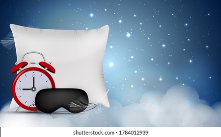 Good Night Abstract Background with Funny Sleeping Mask, alarm clock and pillow. Vector Illustration EPS10