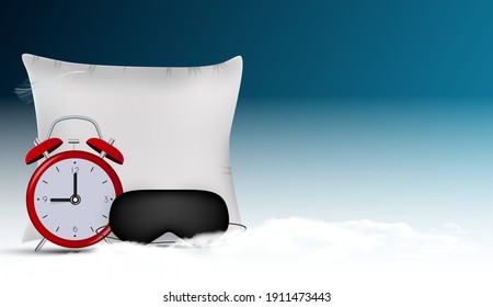 Good Night Abstract Background with Funny Sleeping Mask, alarm clock and pillow againstblue sky, stars and realistic 3D clouds. Vector Illustration