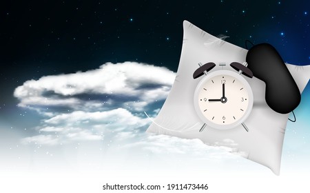 Good Night Abstract Background with Funny Sleeping Mask, alarm clock and pillow againstblue sky, stars and realistic 3D clouds. Vector Illustration