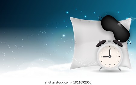 Good Night Abstract Background with Funny Sleeping Mask, alarm clock and pillow againstblue sky, stars and realistic 3D clouds. Vector Illustration