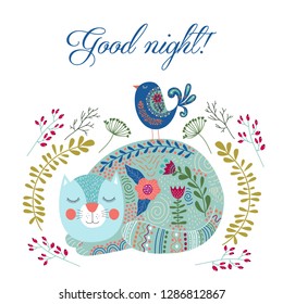 Good night. Art vector colorful illustration with cute cat, bird and flowers on a white background. Artwork for decoration your interior and for use in your design