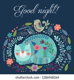 Good night. Art vector colorful illustration with cute cat, bird and flowers. Artwork for decoration your interior and for use in your design