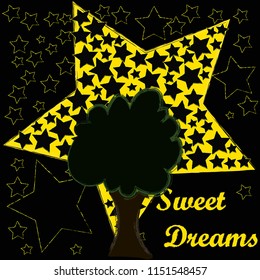 Good Night aweet Dreams.Night scene with stars and the tree.Nature.
