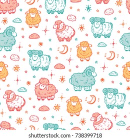 Good night background for kids. Cute sheep seamless pattern. Hand drawn Doodle Sheep, Rams and Lambs with stars, moon, clouds. Sweet dreams Vector illustration