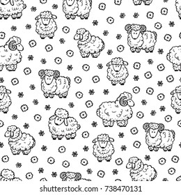 Good Night Background for Kids. Cute Sheep and Flowery Meadow Seamless Pattern. Hand drawn Doodle Sheep, Rams and Lambs with Flowers. Sweet dreams Vector illustration