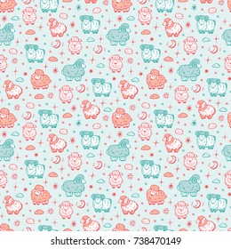 Good night background for kids. Cute sheep seamless pattern. Hand drawn Doodle Sheep, Rams and Lambs with stars, moon, clouds. Sweet dreams Vector illustration
