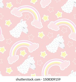 Good night background. Seamless pattern with llamas, clouds, stars and rainbow. Children's background. It can be used for websites, packing, fabrics, wallpapers. Vector illustration