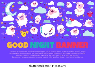 Good night banner with flat sheep. Bed time positive illustration. Starry night sky. Sweet dreams