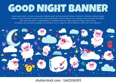 Good night banner with flat sheep. Bed time positive illustration. Starry night sky. Sweet dreams