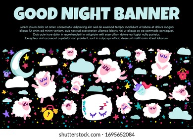 Good night banner with flat sheep. Bed time positive illustration. Starry night sky. Sweet dreams