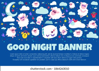 Good night banner with flat sheep. Bed time positive illustration. Starry night sky. Sweet dreams