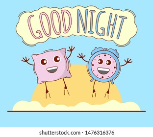 Good Night Banner, Pillow and Alarm Icon. Cute Character, Concept Label. Cartoon Vector Illustration.