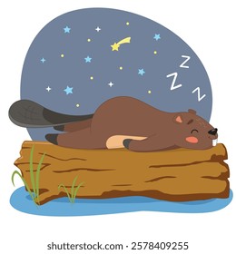 good night, beaver sleeping on a log, night, sweet dream, cute bean, coloring book for children, animal, rodent