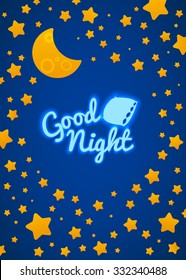 Good Night Bed Time Illustration for Children. Stars, Moon, Pillow and Inscription