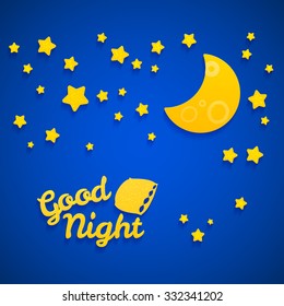 Good Night Bed Time Illustration for Children. Stars, Moon, Pillow and Inscription.
